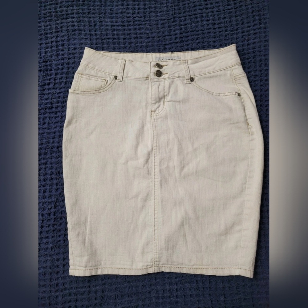 Karen T White Denim Pencil Skirt Womens Small stretchy Jean Slit Embroidered Y2K